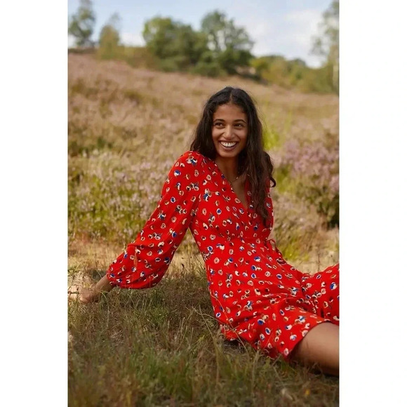 NWT Anthropologie by Maeve Red Long Sleeve Faux Wrap Dress Size 0 - Picture 1 of 10